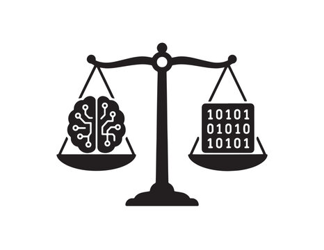 Artificial Intelligence Brain and Binary Code on Balance Scales Vector Icon