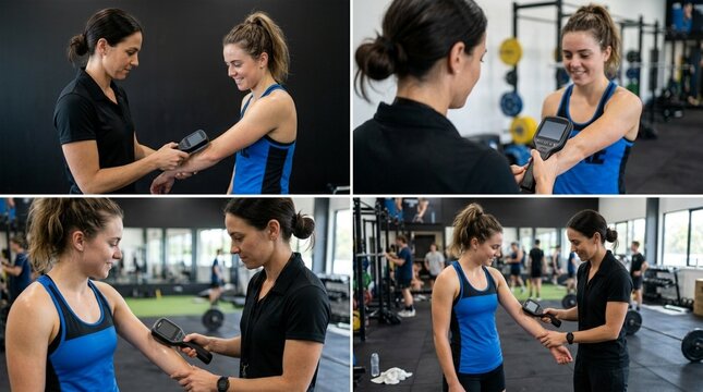Fitness trainer using body composition analyzer on athlete in gym for body fat measurement