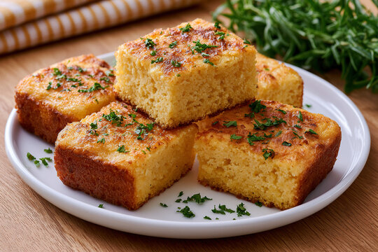 A savory cornbread made with cornmeal, cheese, onions, and eggs named Sopa Paraguaya on the table