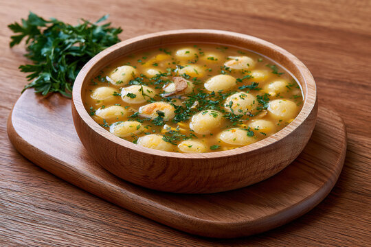 Small corn-and-cheese dumplings in broth named Vori Vori on the table