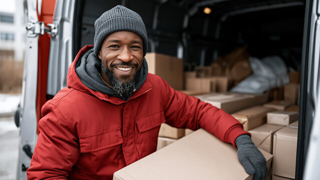 Courier loading packages into delivery van for shipping service content