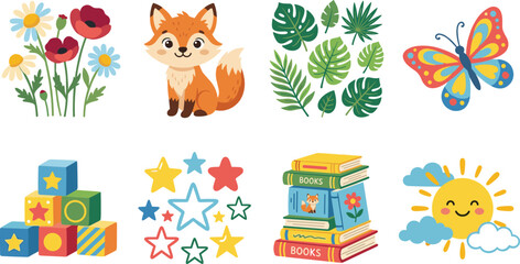 Fototapeta premium Cute cartoon vector illustration set featuring baby fox, spring flowers, reading books, building blocks, and nature elements.