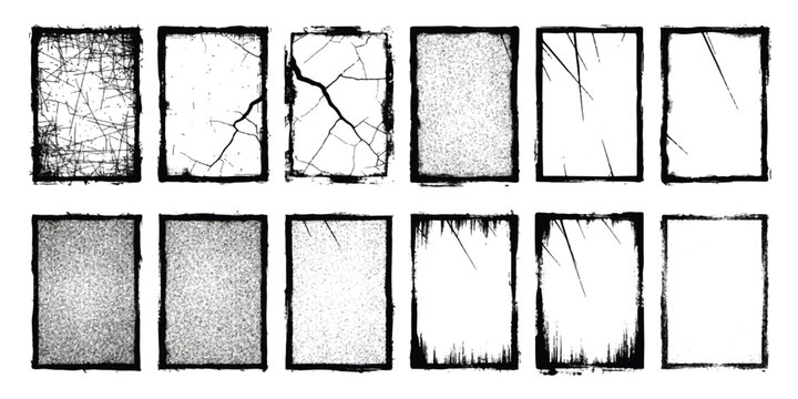 Set of twelve black grunge rectangular frames with distressed edges and cracked textures