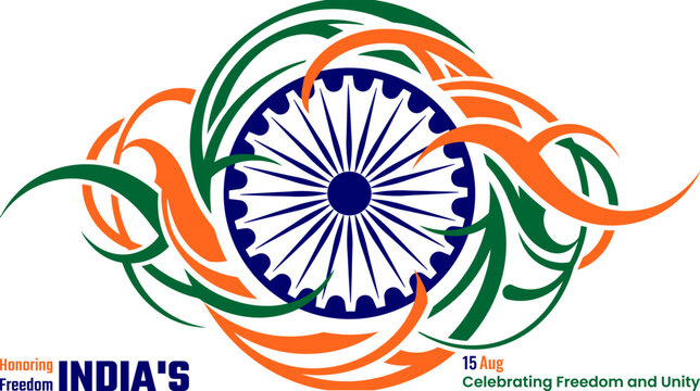 India Independence Day graphic abstract Ashoka chakra with tricolor flames for August 15th celebrations