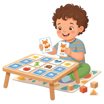 Boy playing memory matching game with animal cards