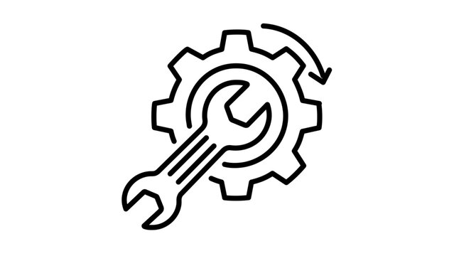 Clean flat vector line icon of a furniture setup guide with wrench and gear, suited for installation manuals, service pages, and tool catalogs.