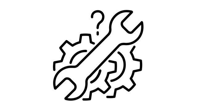 Clean flat vector line icon showing a wrench and gear for furniture assembly instructions, ideal for flat pack guides and hardware support.