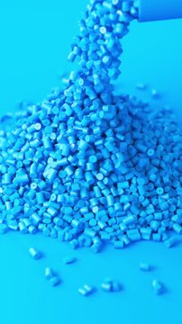 Blue polypropylene plastic granules pouring from a cup onto a resin pellet pile on blue background, 3D render dynamic Vertical video.