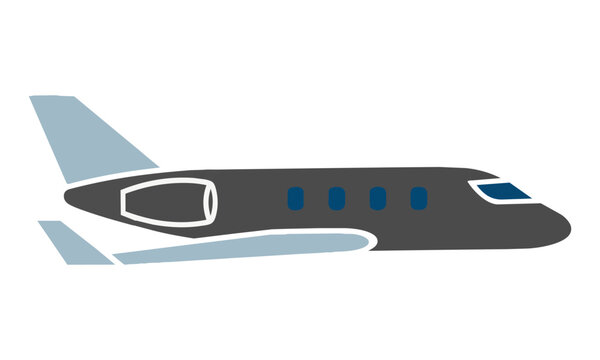 Minimalist side view icon of a sleek twin-engine private jet with flat color blocks, isolated on white. Aviation travel concept
