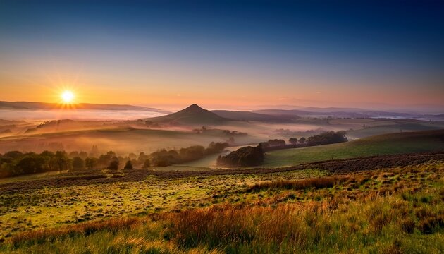 Misty Sunrise Over The Eildon Hills Galashiels Scottish Borders