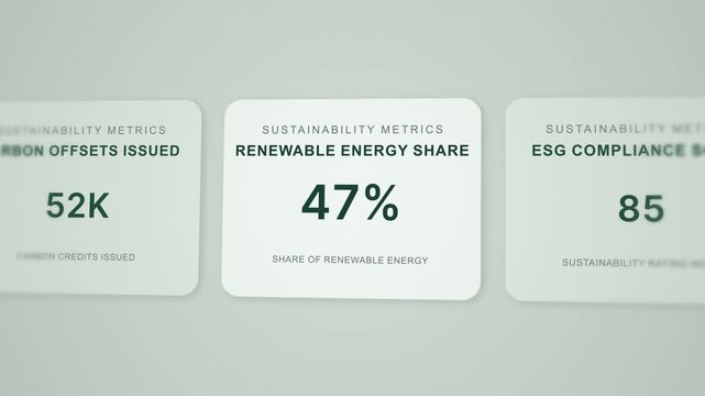 Sustainability dashboard renewable energy growth carbon offset metrics rising counters environmental data visualization business animation