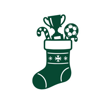 Holiday Christmas stocking stuffed with a sports trophy candy cane and soccer football ball dark green silhouette vector icon for festive winter graphic designs