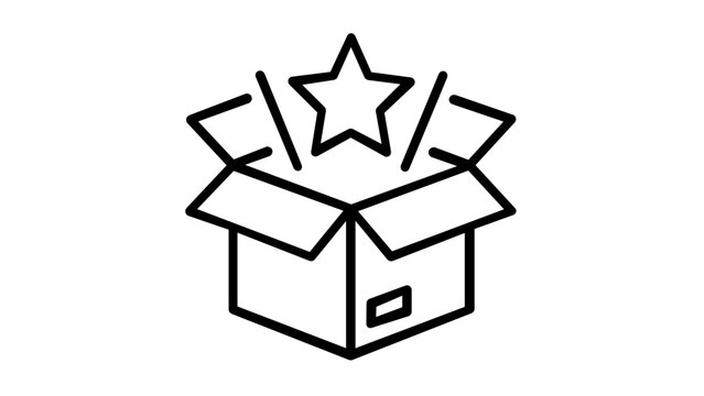 Clean flat vector line icon depicting a box lid lifting for unboxing, suitable for online shop onboarding, parcel tracking, gift guides, and product reveal layouts.