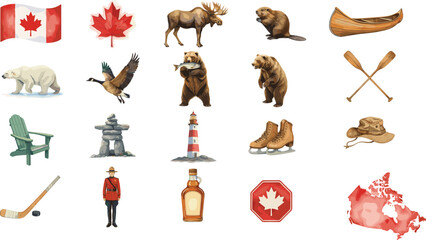 "Canada illustration with maple leaf, wildlife, moose, beaver, polar bear, goose, hockey, Mountie, canoe, cultural national symbols art" © PROTAP