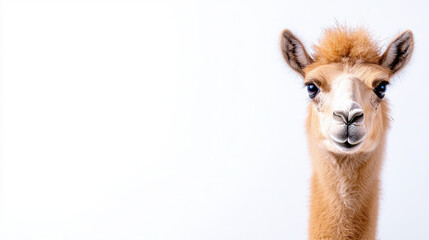 Obraz premium Llama with fluffy fur and expressive eyes, standing against white background, exuding calm and friendly demeanor