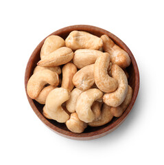 Fototapeta premium Tasty vegan snack. Fresh cashews in bowl isolated on white, top view