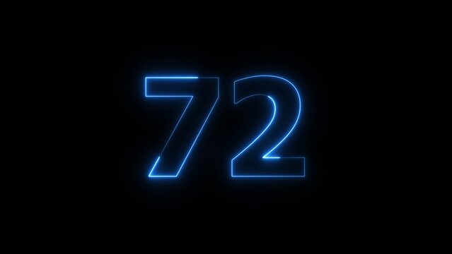 Abstract beautiful blue neon 72 number icon illustration background. Glowing neon countdown number sign background.
