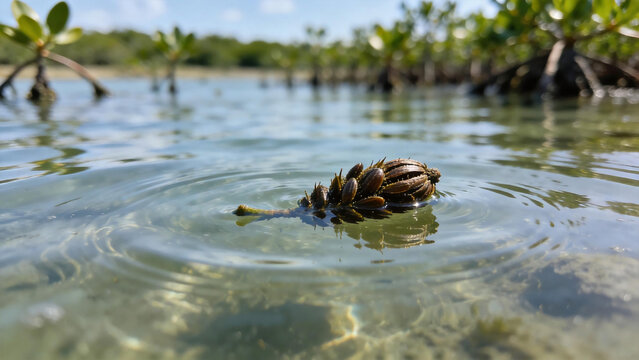 Mangrove propagule floating in shallow water