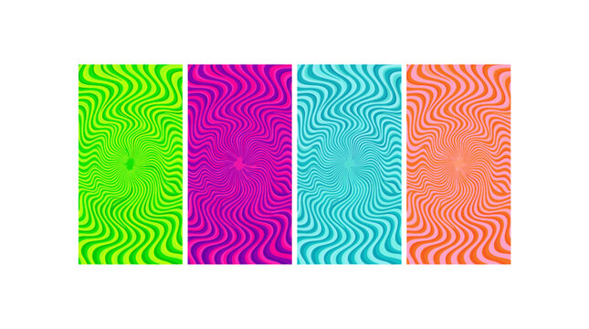Set of four colorful psychedelic patterns with a spiral effect and wavy lines.