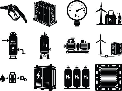 Hydrogen fuel dispenser electrolyzer gauge and wind turbine depictions in a monochromatic style hydrogenation energy cell fueling nozzle pem generator