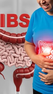 Adult person experiencing severe abdominal pain, a common symptom of Irritable Bowel Syndrome (IBS), representing chronic intestinal disease and digestive system discomfort