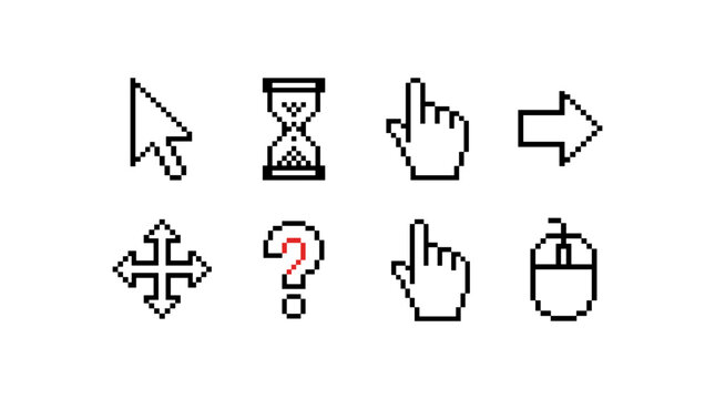 Set of pixel art computer mouse cursors and pointers for various actions.