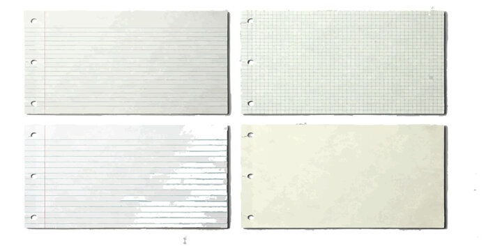 Four different types of blank paper index cards with punched holes