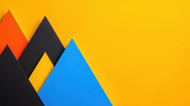 Colorful paper triangles create vibrant mountain landscape against bright yellow background, evoking creativity and playfulness