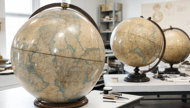 Three antique globes on stands displayed on a white table in a workshop with drafting tools and shelves in the background, for geography