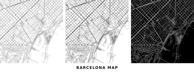 Obraz premium Set of three abstract street maps of barcelona, spain, showing the city grid and urban layout in different styles