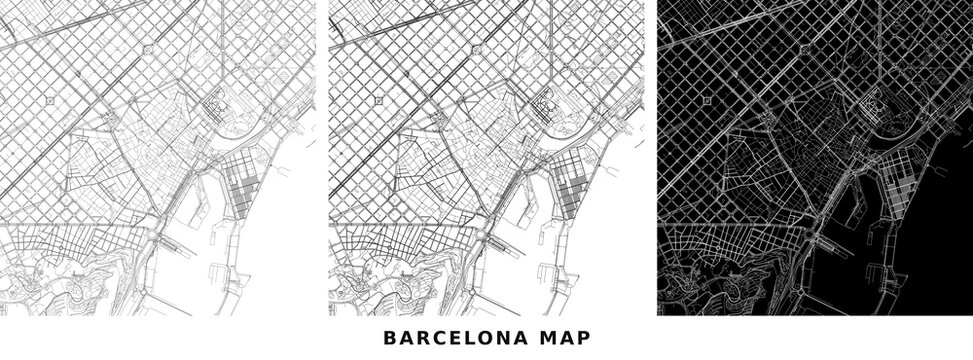 Set of three abstract street maps of barcelona, spain, showing the city grid and urban layout in different styles