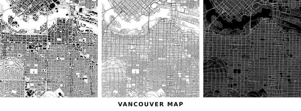 Set of three artistic map prints of vancouver city, canada, featuring different graphic styles including figureground and line art