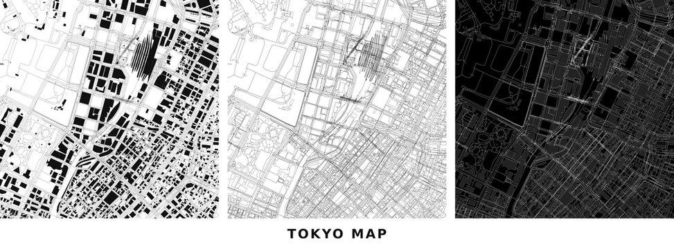 Abstract tokyo city map illustration showing urban layout with building footprints and road networks in three different styles