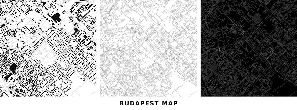 Budapest map, city street plan, urban layout, vector illustration, architectural drawing, black and white design, modern cartography