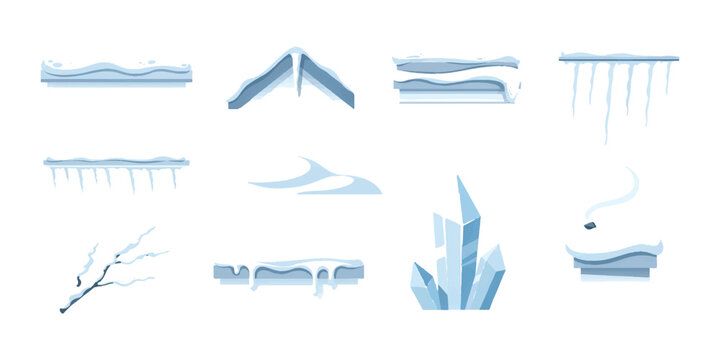 Set of snow and ice elements for winter design with icicles and snow caps