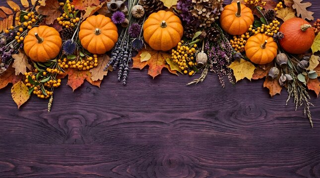 Autumn harvest decor with pumpkins and fall leaves on wooden background
