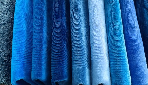 Velour Boucle And Chenille Fabric Samples Arranged In A Cold Blue Palette Colors