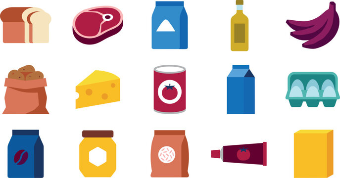 Common grocery products and essential kitchen food ingredients flat design vector vector icon set