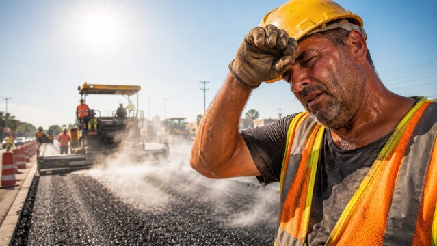 Road construction worker suffering from extreme heat while paving asphalt under summer sun. Heat stress, dehydration, hot weather, high temperature, and heatwave concept