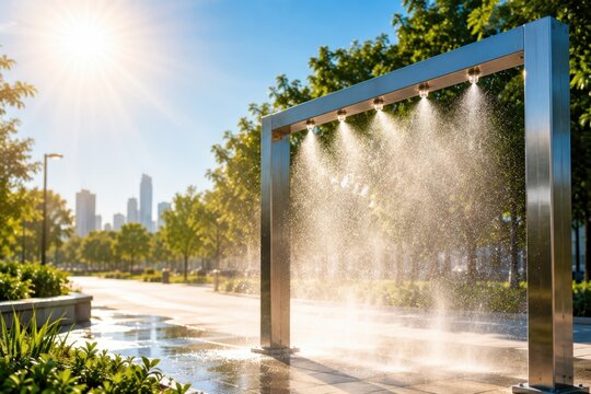 Public misting station in a city park during a summer heatwave. Outdoor cooling system providing heat relief, hydration support and protection from extreme temperatures