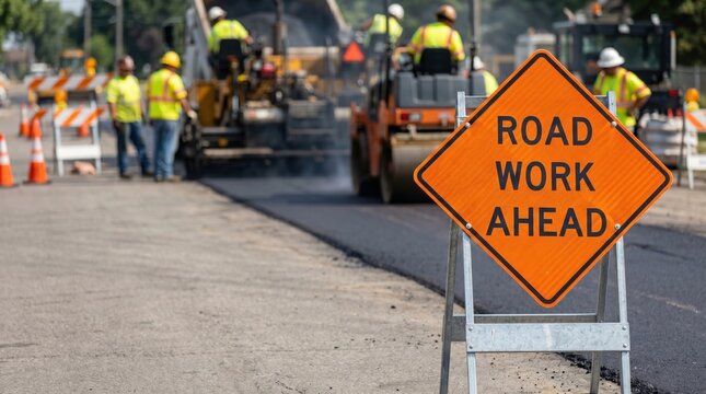 "Road work ahead" sign near asphalt paving crew on a city street. Road construction, traffic warning, infrastructure repair and transportation maintenance concept