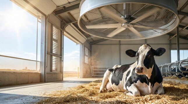 Dairy cow resting under a large industrial fan inside a modern barn during hot weather. Livestock cooling, heat stress prevention and farm animal welfare concept