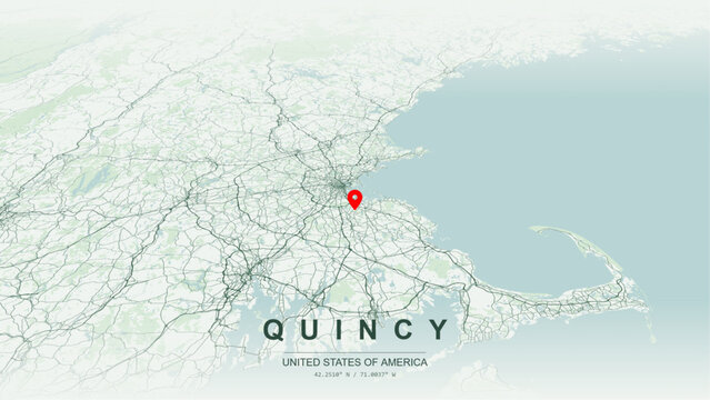 Modern minimalist vector map of Quincy, Massachusetts, USA. High-quality scalable illustration of Quincy Norfolk County city grid, Marina Bay waterfront layout for posters design.