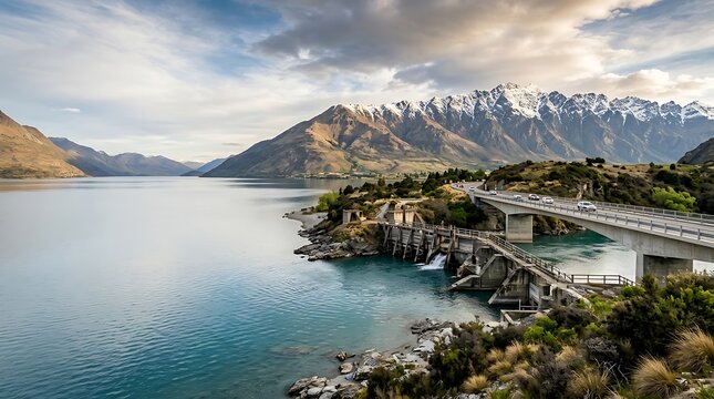 Scenic bridge over turquoise lake with snow capped mountains