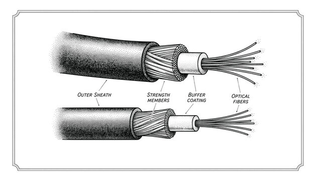 Fiber optic cable cross section vector illustration detailing outer sheath and internal glass fibers.