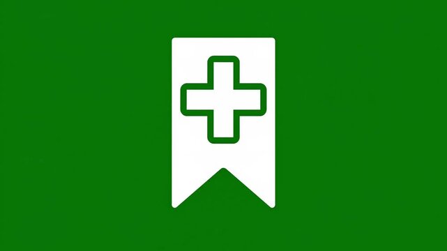 Minimalist medical bookmark icon with emerging cross animation on a green screen key background