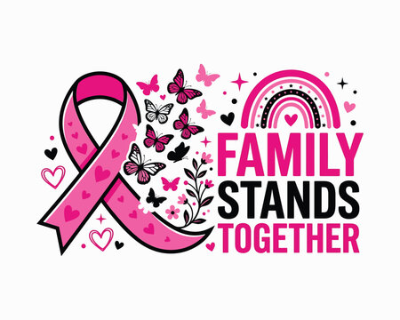 Breast cancer awareness halloween design pink ribbon butterflies and 'family stands together' october support graphic