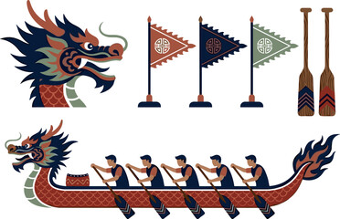 Dragon boat festival racing element set with traditional dragon head boat flags and paddles vector © Afroja