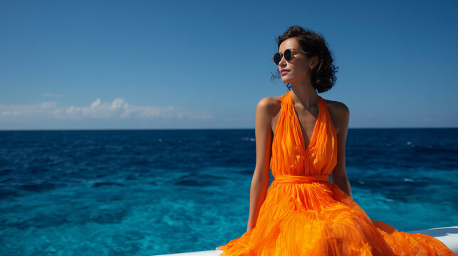 A sophisticated woman relaxing on the edge of a luxury cruise ship infinity pool, gazing over a sparkling deep blue ocean under a bright clear sky, elegant travel lifestyle moment,