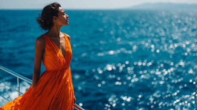 A sophisticated woman relaxing on the edge of a luxury cruise ship infinity pool, gazing over a sparkling deep blue ocean under a bright clear sky, elegant travel lifestyle moment,